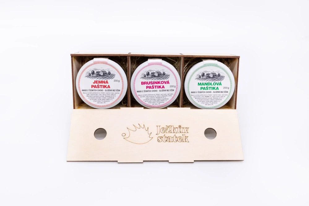 Dárková dřevěná krabička se 3 paštikami